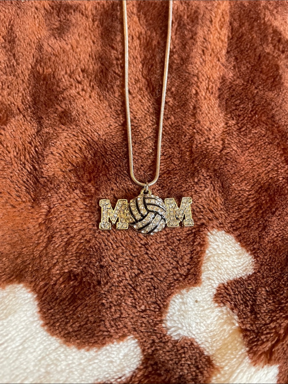 Silver Tone MOM Volleyball Pendant Necklace with Crystal Accents